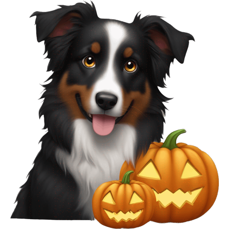 Small black australian shepherd dog in a pumpkin emoji