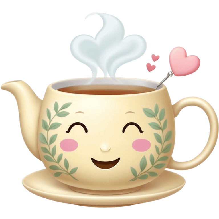 Cute Kawaii Tea Cup, steaming with warmth, a charming smiling face, soft pastel tones, delicate floral patterns, a tiny heart-shaped tea bag tag, cozy and inviting! emoji