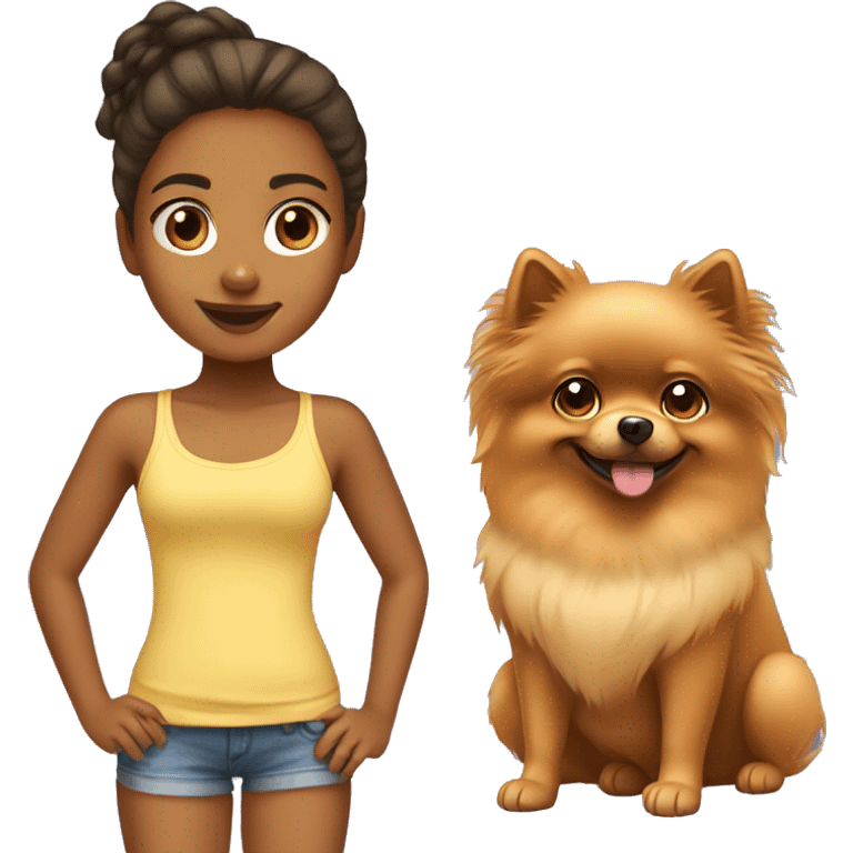 Young tanned girl with Pomeranian emoji