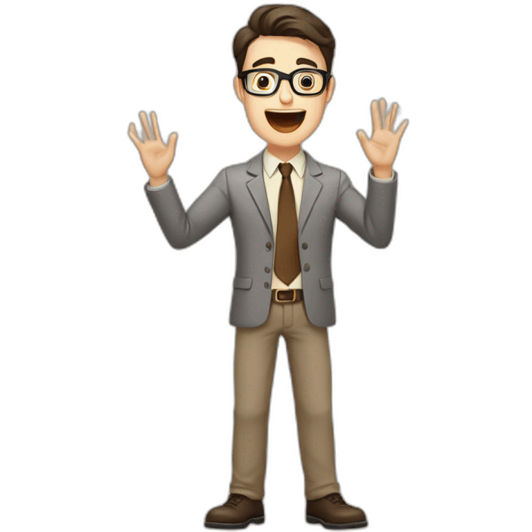 To belt Actively gesturing with hands Pale skinned fit man teacher with dark brown hair in gray jacket, beige office shirt, brown tie, brown pants and vintage glasses. emoji