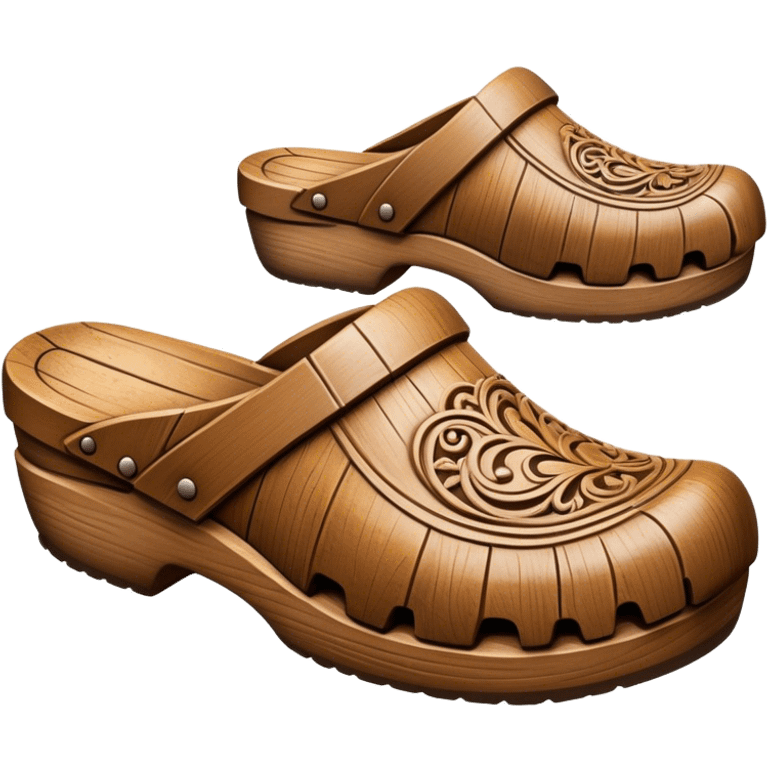 Cinematic Realistic Wooden Clogs Emoji, depicted as a pair of traditionally carved weathered wooden clogs with intricate details and rustic charm, rendered with rich textures and warm natural lighting that captures their cultural heritage. emoji