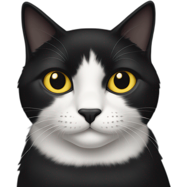 black cat with white breast and white paws, black nose, half of muzzle white, half black, yellow eyes emoji