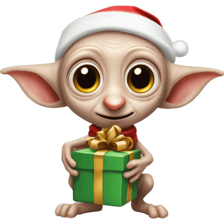 Dobby the house-elf wearing a tiny Santa hat, holding a wrapped gift with his big, joyful eyes shining emoji