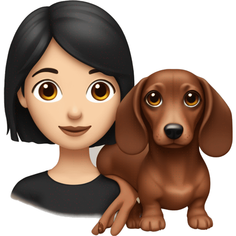 White girl with straight black hair holding a red dachshund and brown dachshund  emoji