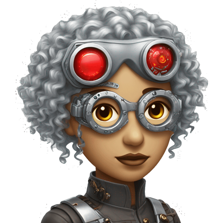 Silver curly hair female cyborg head with red steampunk goggles and circuits emoji