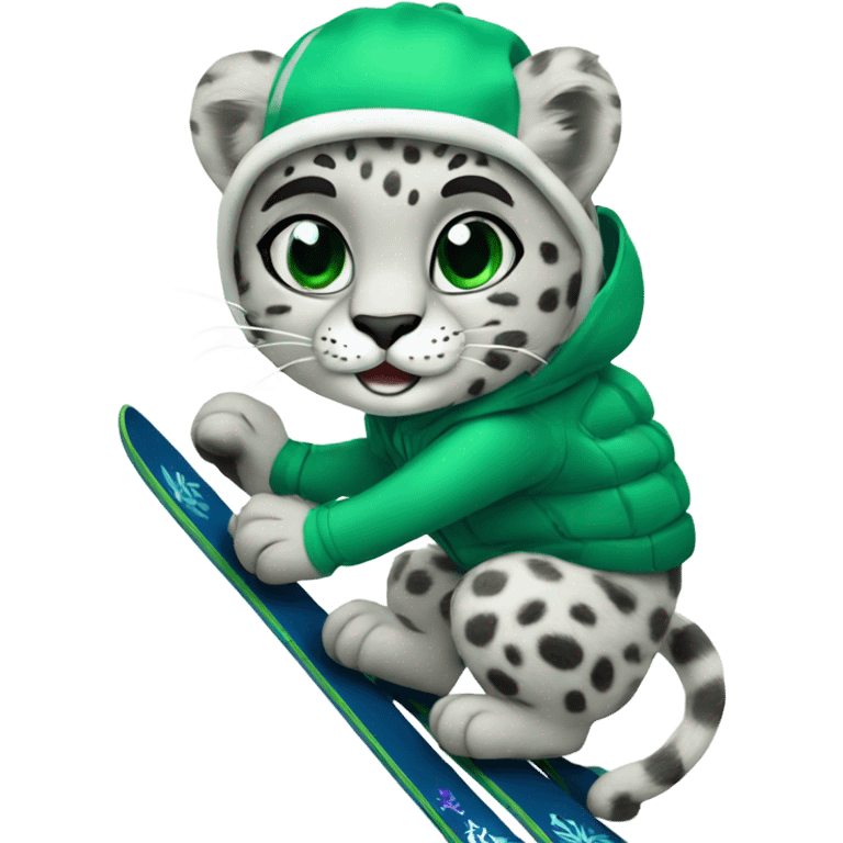 Snow leopard skiing green skis emoji