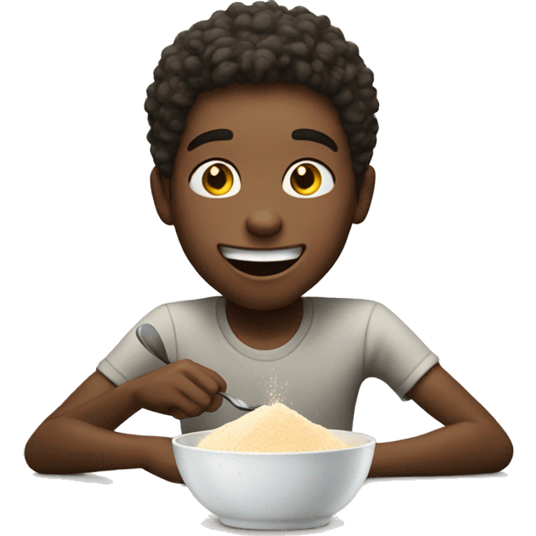 boy enjoying meal with powder whithe emoji