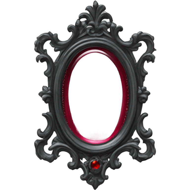 "A Victorian-era Gothic mirror with a black frame, gray-tinted glass, and a red ruby accent."
 emoji