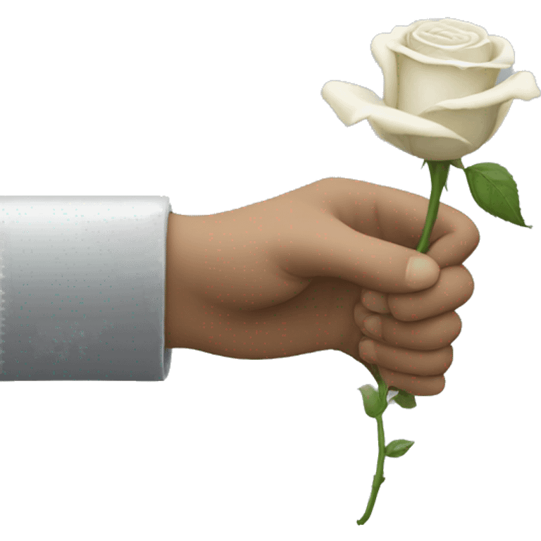 a hand coming out from the bottom of the screen, showing the back of his hand, which is holding a white rose from the stem emoji