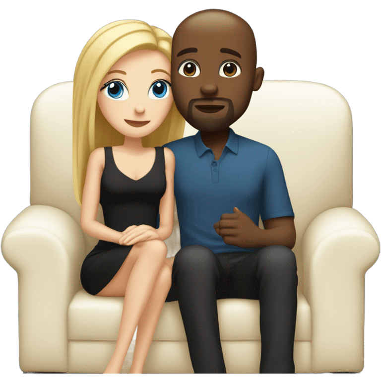 Blonde woman with blue eyes and long straight hair wearing a short black dress and a black man who is bald with a goatee seated together on a sofa enjoying a loving kiss.   emoji