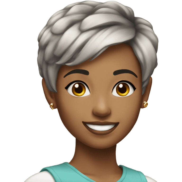 young pretty woman short pixie cut smiling, black hair emoji