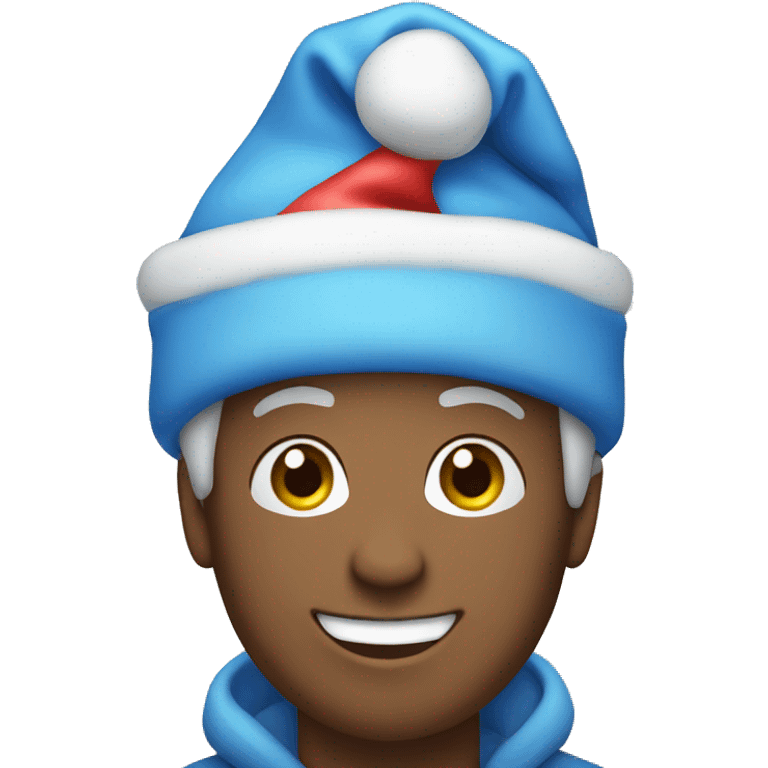 Person wearing a blue santa hat and smiling with a bag of gifts emoji