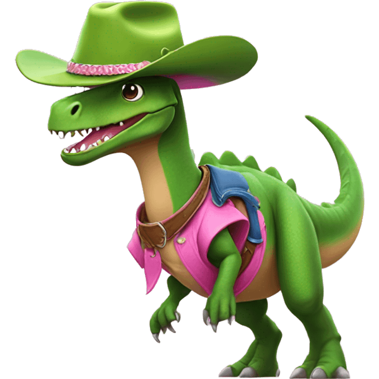 rex dinosaur surfing a pink wave dressed as a cowboy and with a green hat emoji