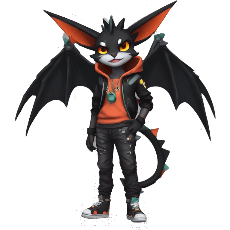 Cool Anthro Black Noivern-Quiana-Litten-Pokémon with edgy stripes hoodie spiked collar punk Full Body emoji