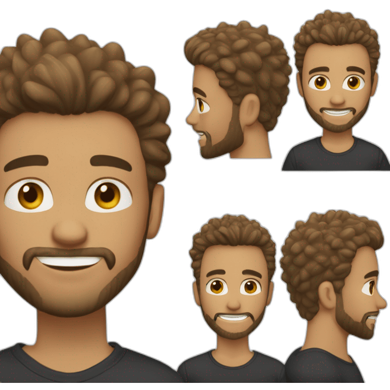 light skin brown guy (more brown than white), fade hair, good beard, white teeth, black t shirt approximately 30 years old, hair combed forward, good beard emoji