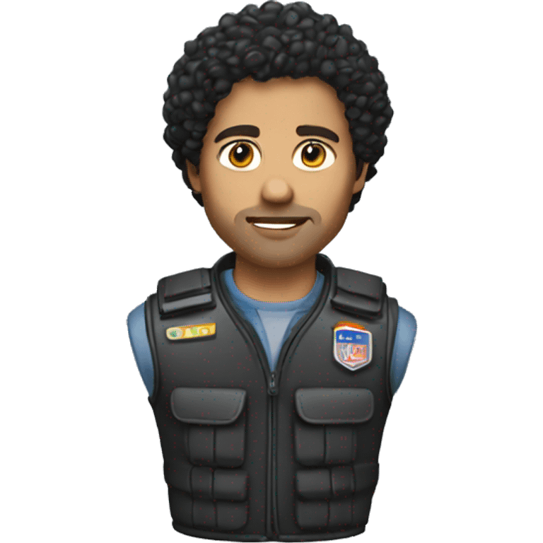 Journalist with dark curly hair in bulletproof vest emoji