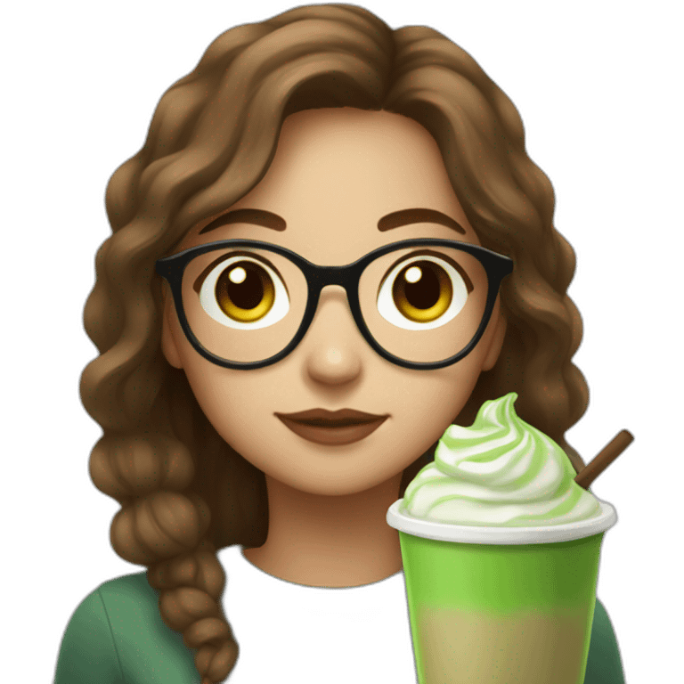 a girl with brown medium hair and round glasses drinking matcha latte emoji