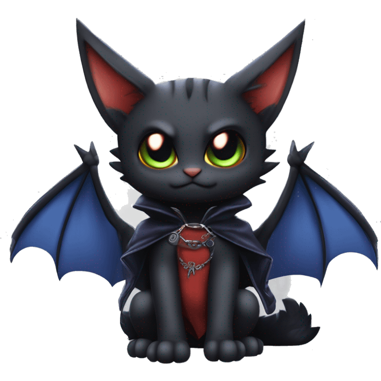 Cute edgy cool beautiful realistic vampiric dark eldritch fantasy Litten-Fakémon-Digimon with bat-wings as ears full body, cloak, choker collar, harness, leg straps emoji