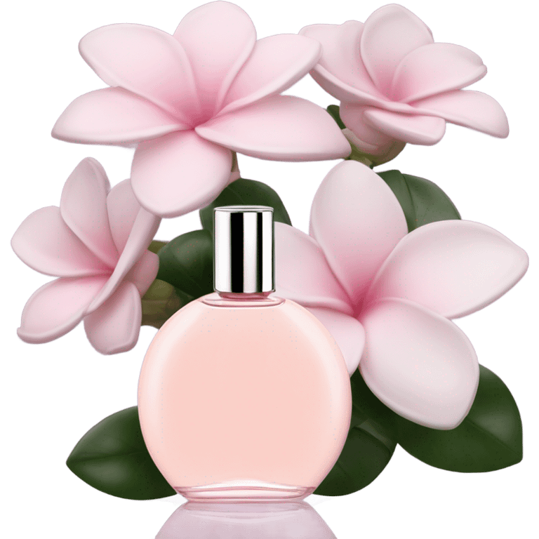 Aesthetic view of blush pink gardenias with a classic violet perfume bottle.
 emoji