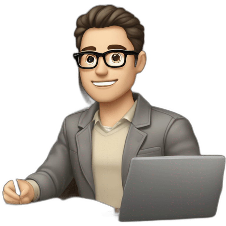 Pale skinned Fit Man With dark brown hair in gray jacket, beige office shirt and vintage glasses sitting In a soft chair with a notebook with emblem Ψ and a pen in his hands emoji