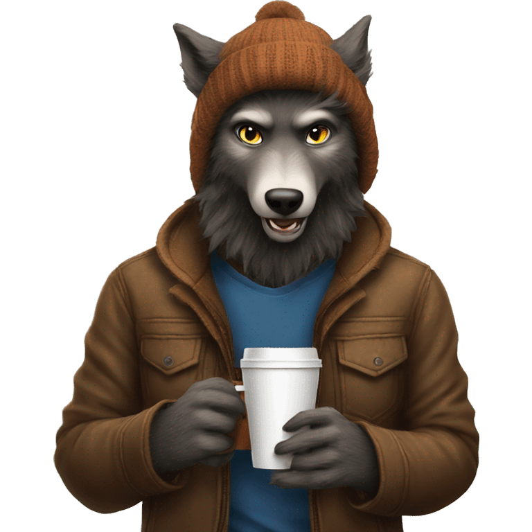 nice werewolf with a beanie drinking a coffee to go  emoji