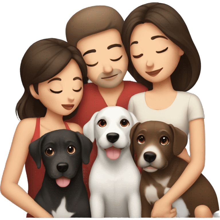 dark brown haired woman kissing bald man with 3 dogs emoji