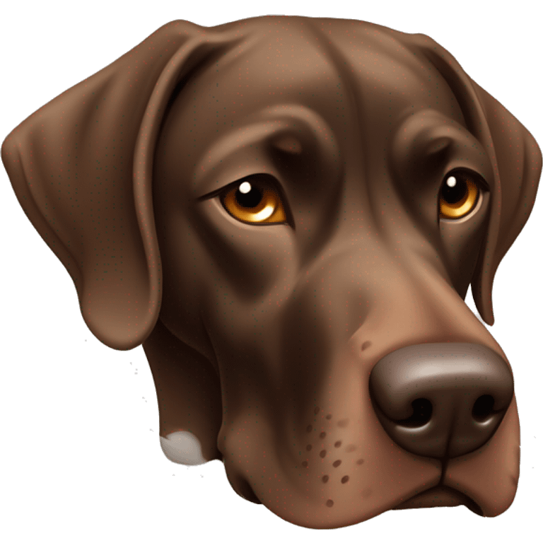 Brown German short haired pointer looking sleepy, falling asleep, laying down, facing camera  emoji