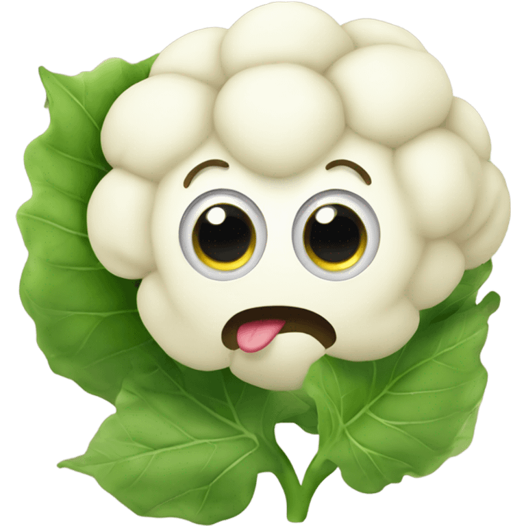 Cauliflower with cute big eyes holding a mirror, surrounded by leaves. emoji