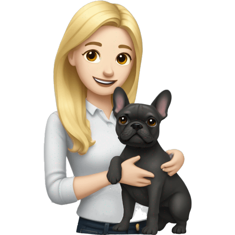 golden blonde woman with hugging dark gray french bulldog emoji