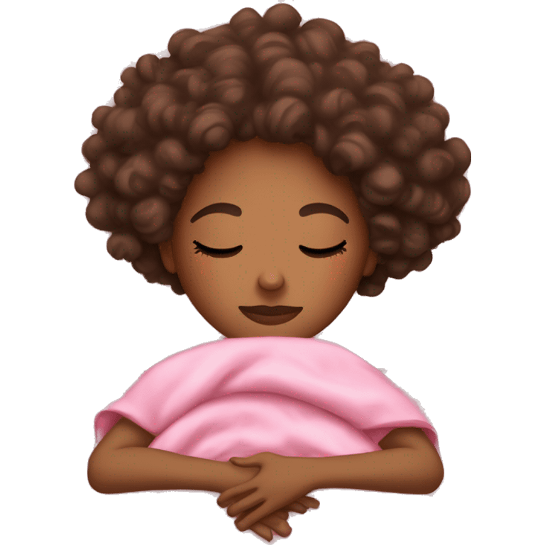 Brown girl with curly hair resting in bed with eyes closed pink blankets emoji