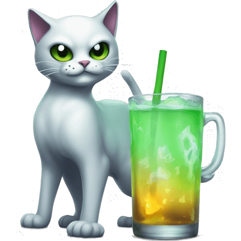 Tagged emoji cat, ghost cat, with a glass of sprite in hand, zombie cat, ghostly atmosphere emoji