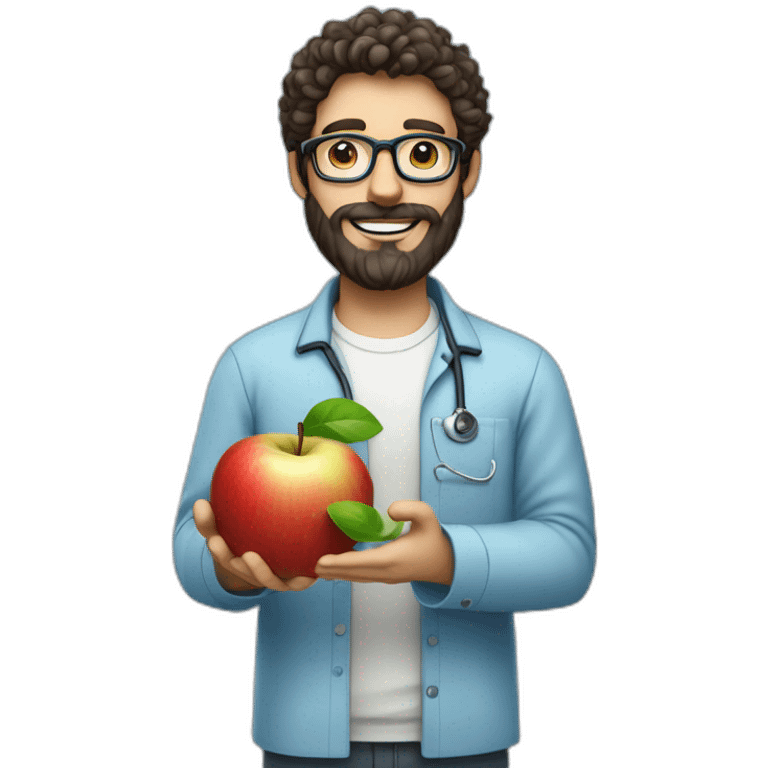 A male nutritionist with a full beard and dark, curly hair and white skin, wearing glasses, holding an apple in his hand. Who has a light blue shirt on. emoji