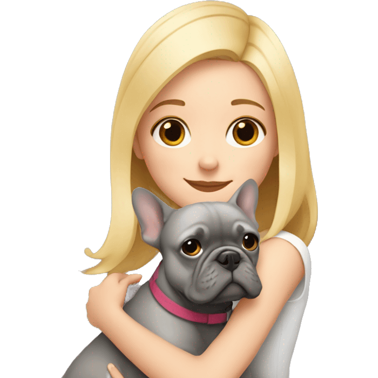 A blonde girl with a square hugs a gray French bulldog emoji