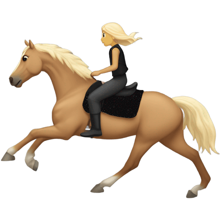  A Palomino horse running with a black sequin rug on his back and a whit rider girl brown hair  on his back without a helmet dressed in black pants and a vest   emoji