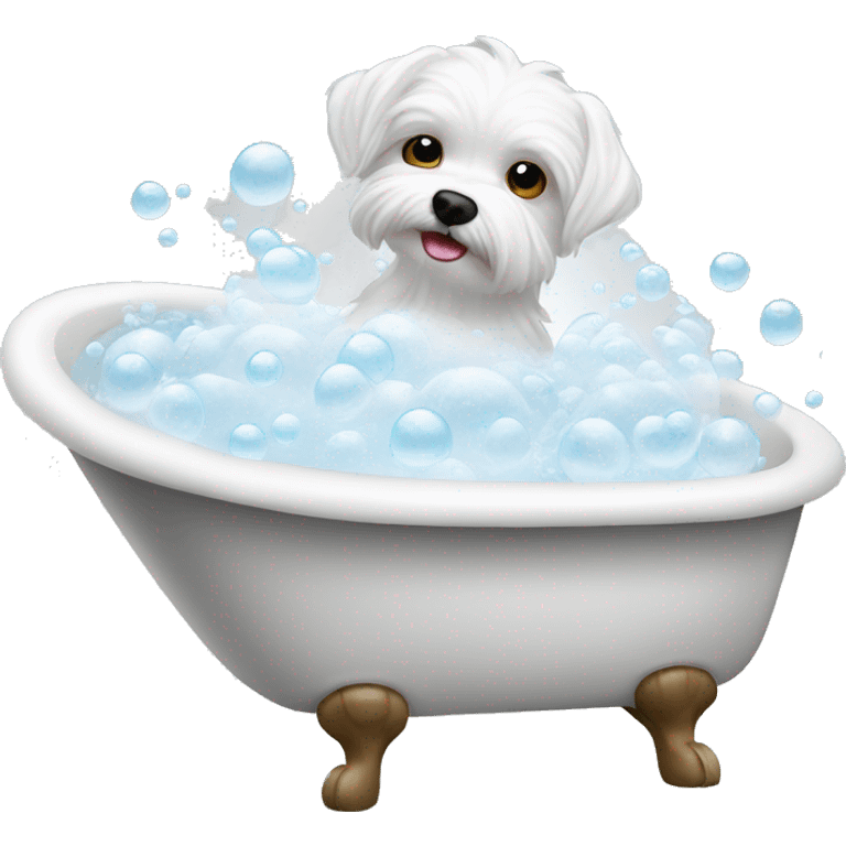 bath tub filled with white bubbles and Maltese inside  emoji