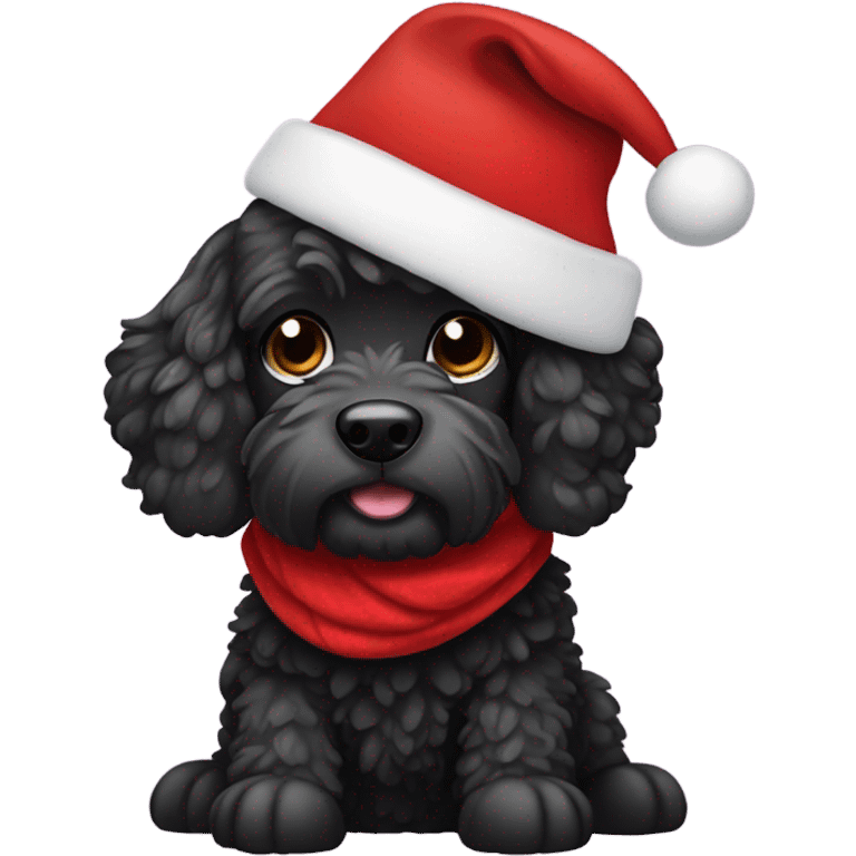 Black cockapoo dog wearing Santa hat and red scarf emoji