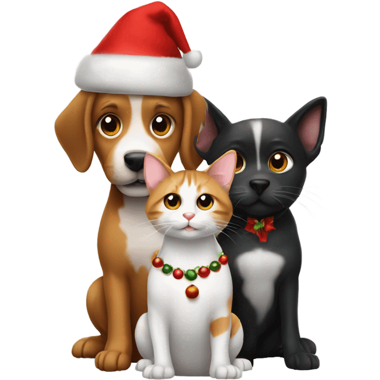 A dog and two kitties with Christmas hats emoji