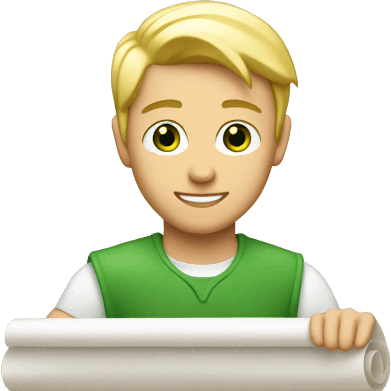 a light-skinned blonde green-eyed male person sitting in front of the long white paper scroll emoji