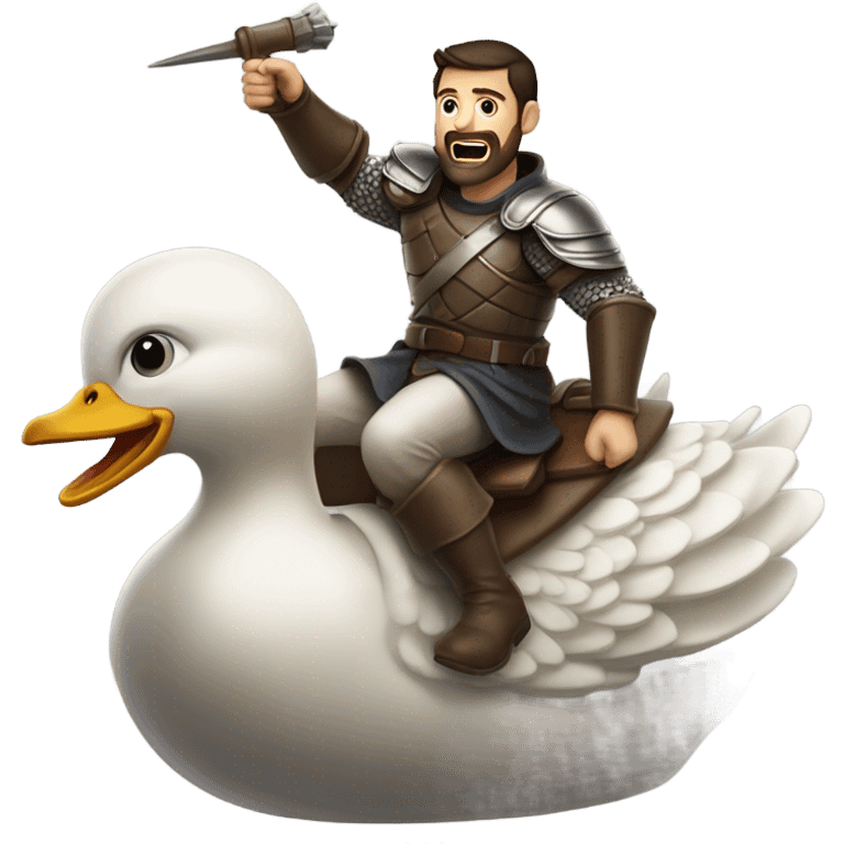 Confident armored White Man with dark brown hair and a short beard pointing forward with one arm yelling a battle charge while riding on the back of a giant duck emoji