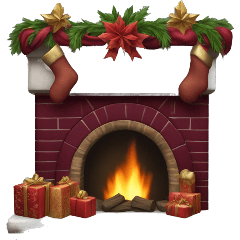 Realistic decorated burgundy Christmas fireplace emoji