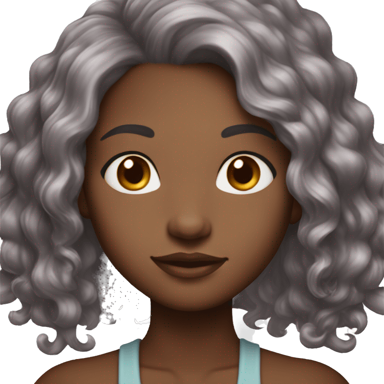 cocoa skin, curley reddish brown hair  with a streak of grey. its short. Her standing with grey light eyes emoji