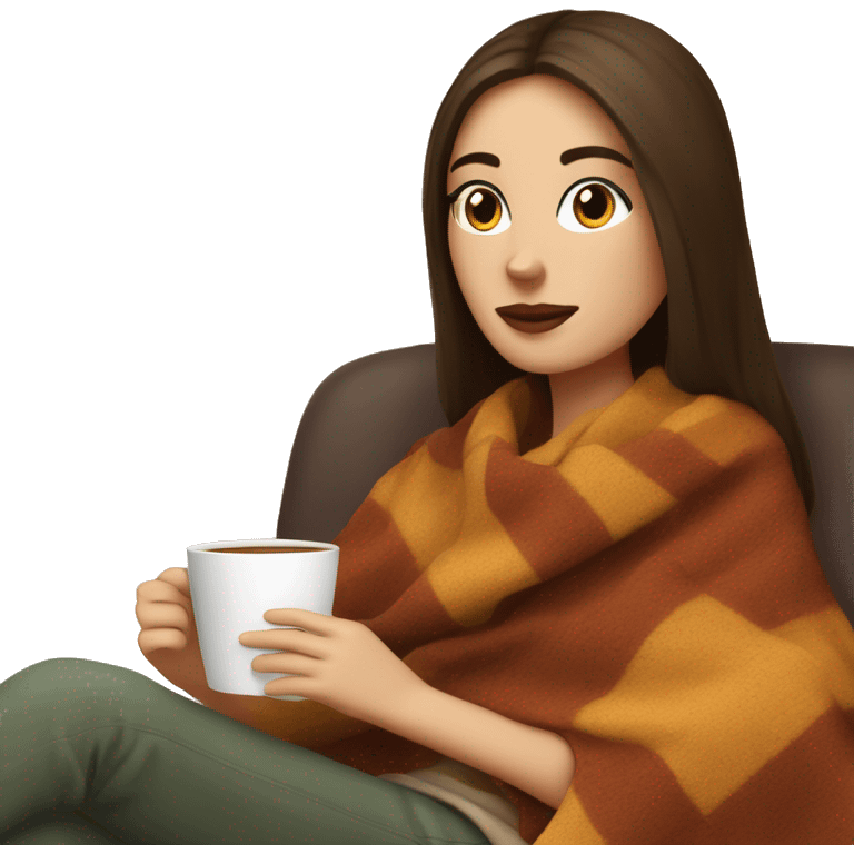 Brunette white girl covered in blanket autumn vibe sitting on a cozy chair holding coffee,  emoji