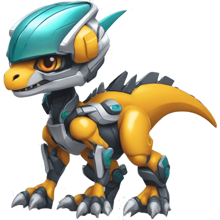 Colorful Edgy Chibi Greymon-Velociraptor-Genesect-Fakémon-Pokémon wearing a with a futuristic visor-helmet And Mecha-suit Full Body emoji