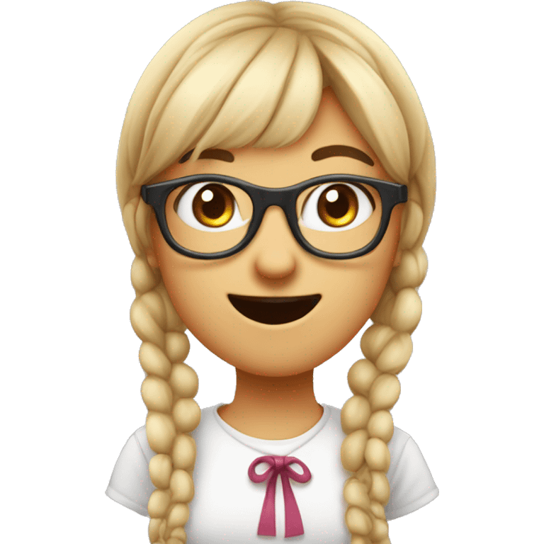 Cute bucktooth glasses wearing Nerd girl with pigtails and bangs. Buck teeth emoji