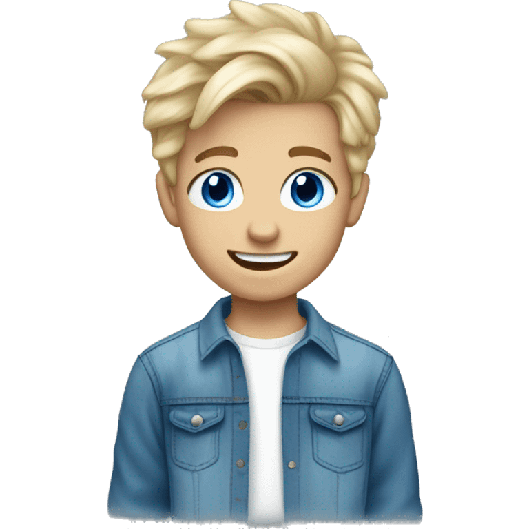 A white blonde 15 year old boy with white teeth blue eyes dressed in a jeans shirt and blue joggers emoji