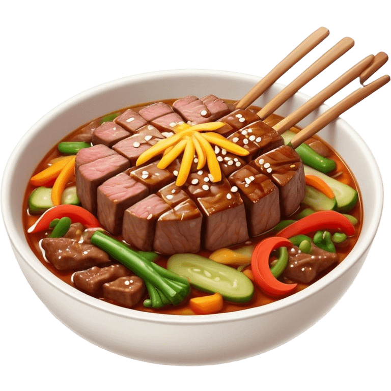 Cinematic Realistic Bulgogi Dish Emoji, featuring tender, marinated beef stir-fried with vegetables rendered with dynamic textures and mouth-watering lighting. emoji