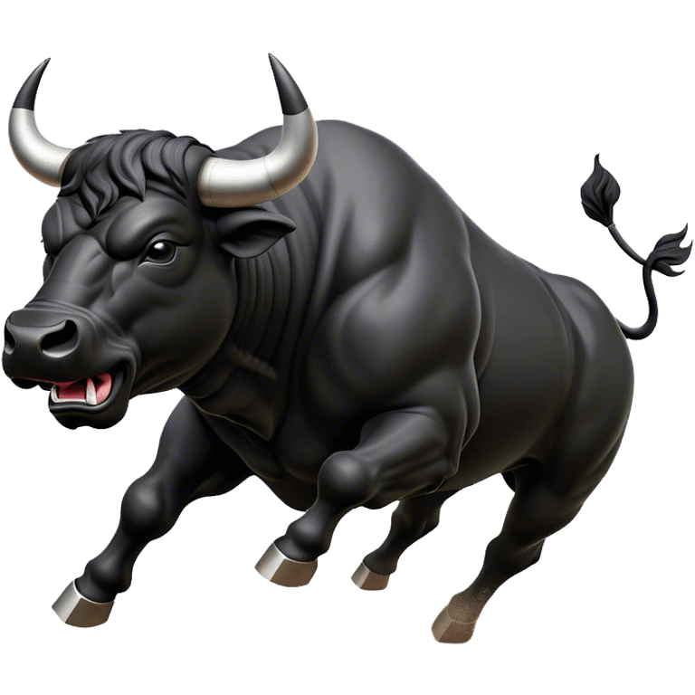 ​Cinematic Realistic Black Charging Bull, depicted in mid-charge with a powerful, muscular form and glossy black hide glistening under dynamic dramatic lighting, dust and motion captured mid-air to exude raw strength and unbridled energy on an expansive arena, emoji