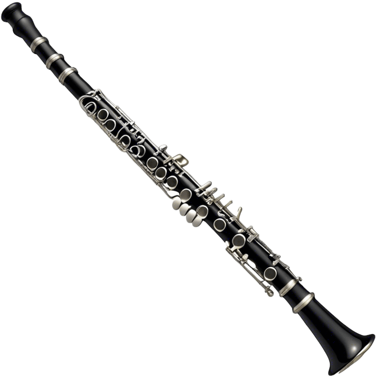 Create an emoji, representing a black standard clarinet. The design should feature a smooth, glossy black body of the clarinet with shiny, silver keys clearly visible. Highlight the intricate details of the mouthpiece and reed at the top, while the body of the instrument should remain simple and elegant. Add subtle musical notes or soundwaves floating around the instrument to symbolize its clear, melodic sound. Use black for the body, silver for the keys, and soft lighting effects to give the instrument a polished, sophisticated look. The background should be transparent. emoji