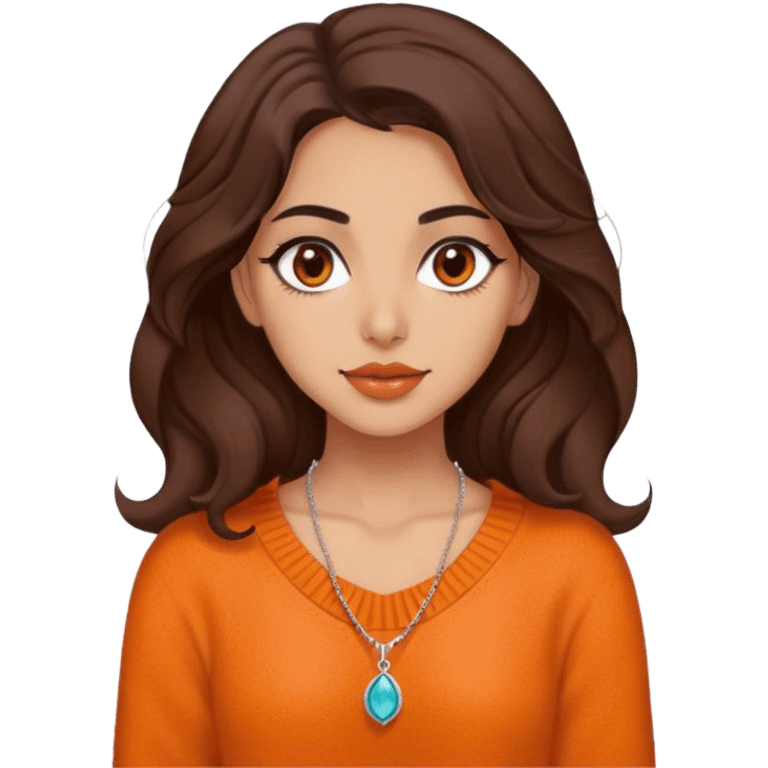 Iranian girl with warm tan skin, wearing an orange wool sweater. She has dark brown, shoulder-length wavy hair, one brown eye, and slightly full lips. She also wears a delicate necklace. emoji