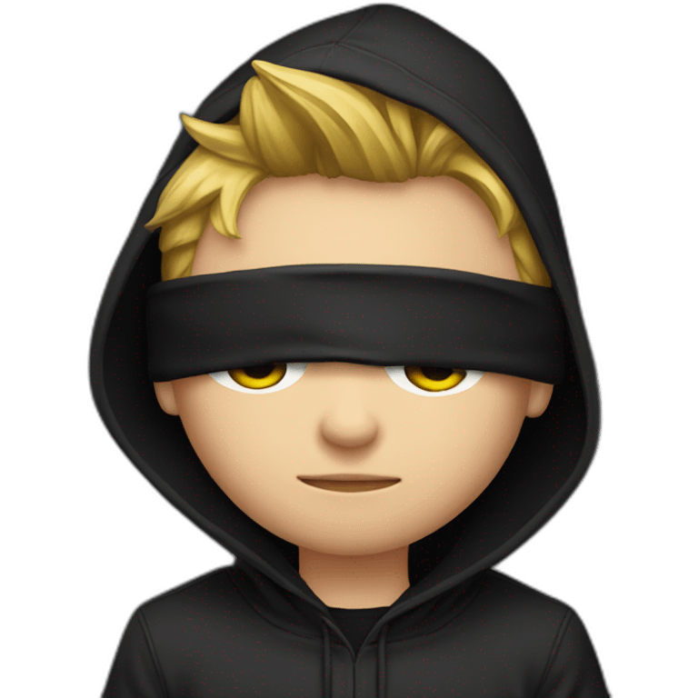 Young gamer with a black hood behind his computer emoji